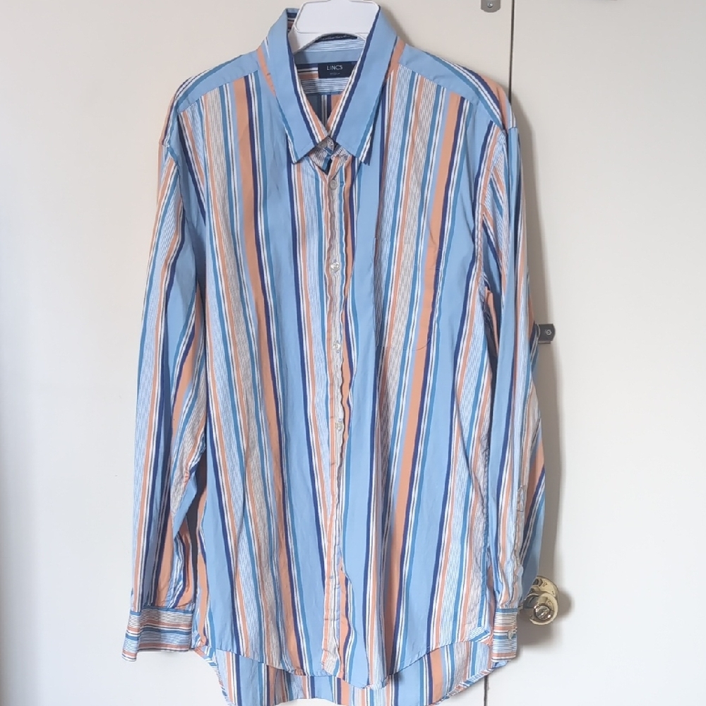 Lincs Men's Blue and Orange Striped Button-Down Shirt
